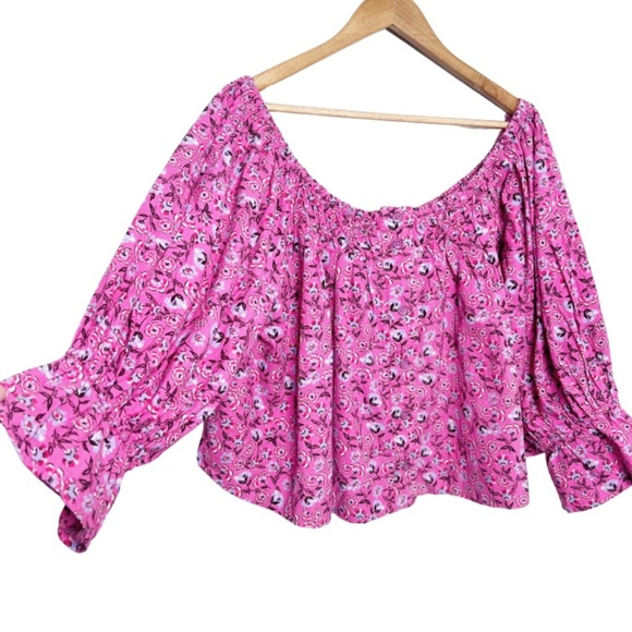 Free People Women's James Smock Pink Floral Quarter Sleeve Cropped Button Blouse - Picture 4 of 16